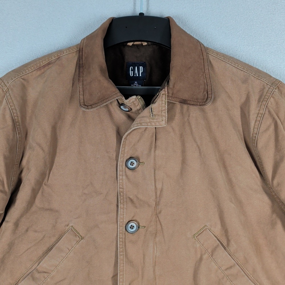 Gap Jacket Mens XL Brown Cotton Canvas Barn‎ Leather Collar Quilted Lining - Picture 3 of 13